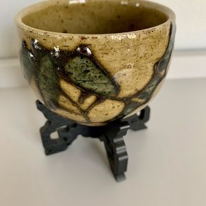 Vintage Small Japanese Glazed Pottery Bowl with Stand